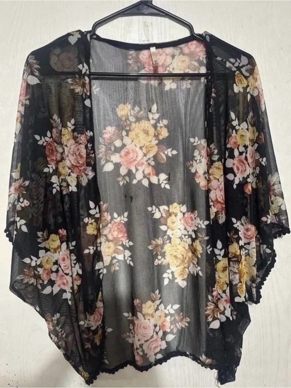 Black Floral Sheer Kimono Cardigan with Pink & Yellow Roses